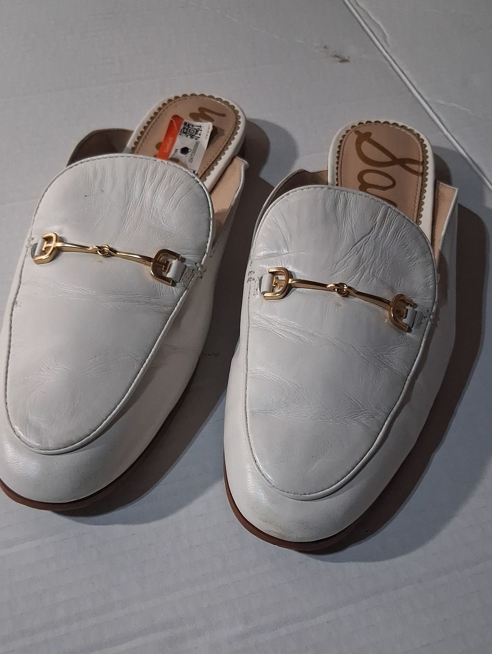 Seychelles White Leather Slide Mules with Gold Bit